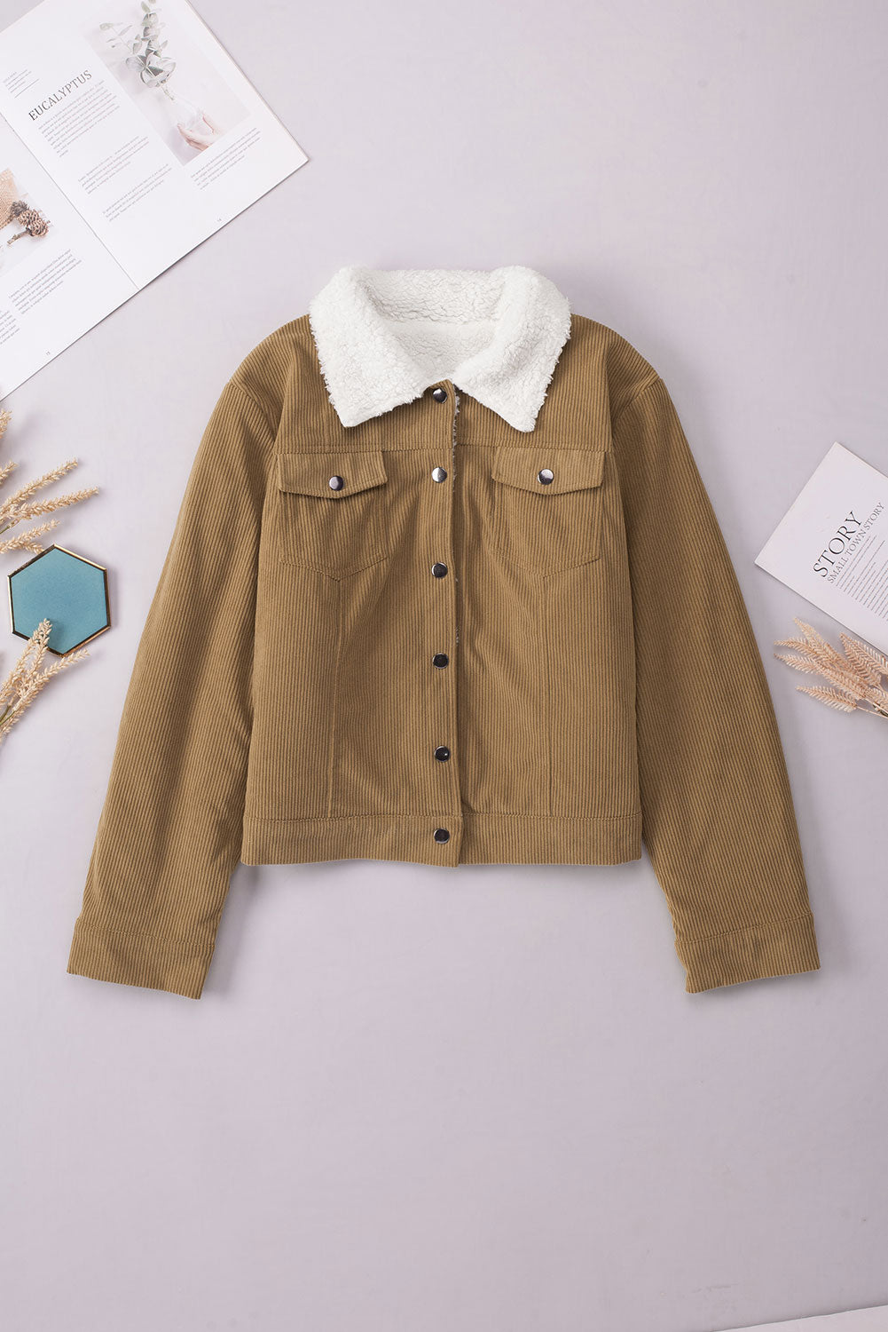 Red Corduroy Sherpa Snap Button Flap Jacket