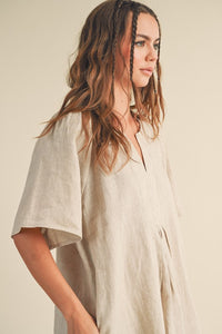 V-NECK DETAIL PLEATED DETAIL SLEEVE LINEN DRESS