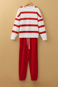 Red Stripe Drop Shoulder Pullover and Jogger Pants Set