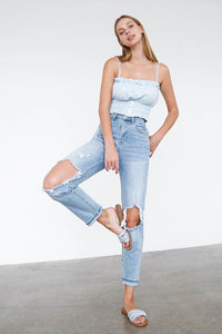 High Waist Destroyed Hem Boyfriend Jeans