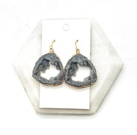 Grey Gray Agate Slice Resin Statement Earrings