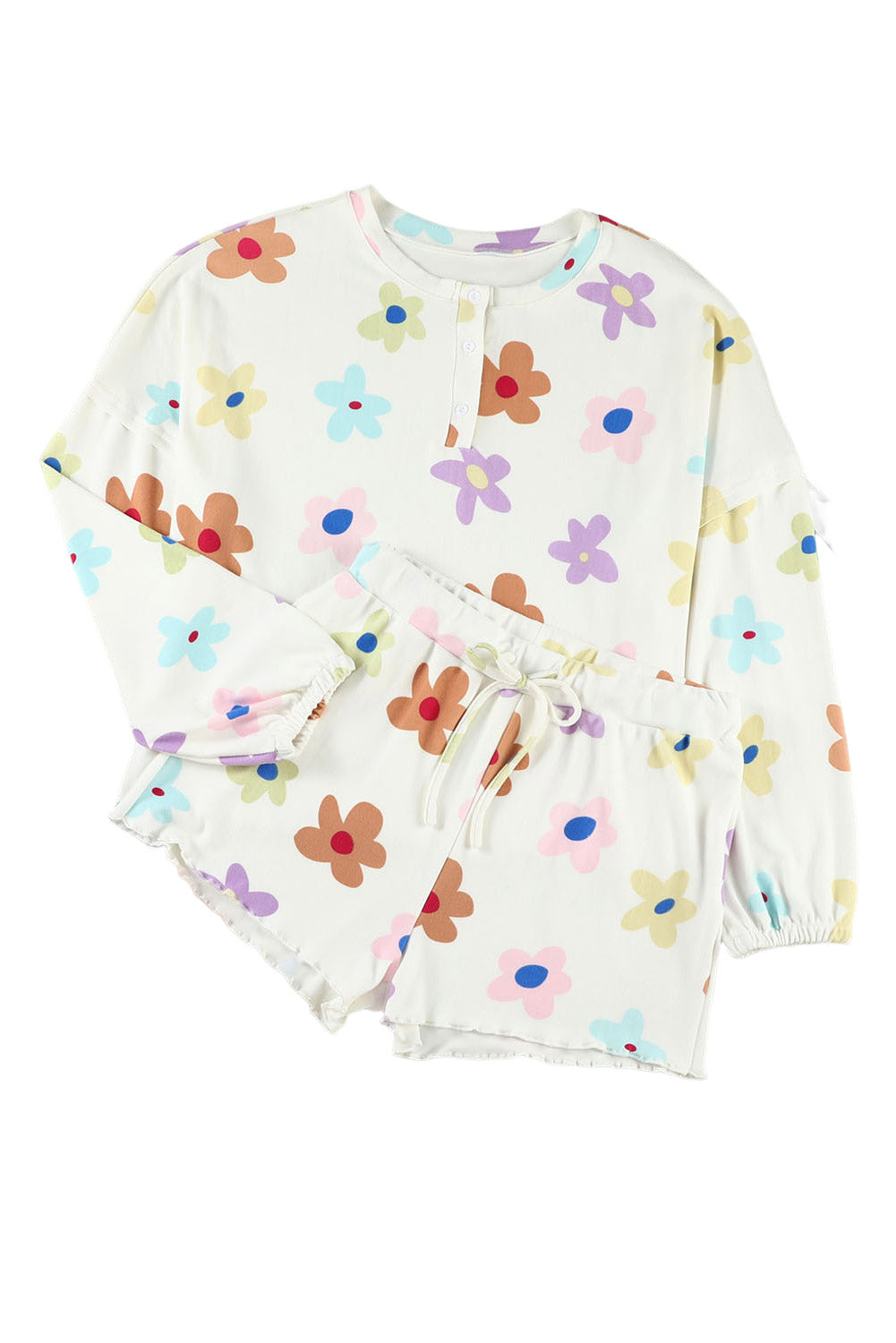 White Flower Print Short Sleeve High Waist Two Piece Shorts Set