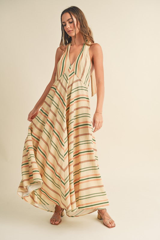 MULTI COLOR STRIPE PATTERN CROSS NECK DRESS