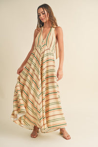 MULTI COLOR STRIPE PATTERN CROSS NECK DRESS