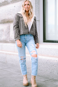 Red Corduroy Sherpa Snap Button Flap Jacket