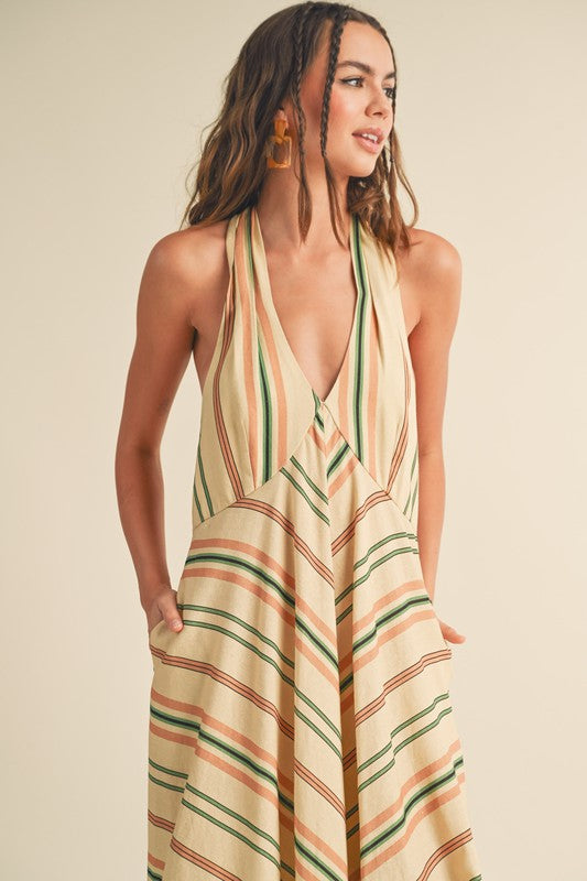 MULTI COLOR STRIPE PATTERN CROSS NECK DRESS
