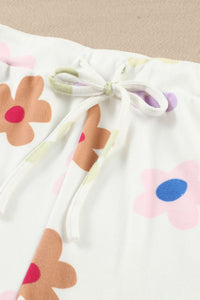 White Flower Print Short Sleeve High Waist Two Piece Shorts Set