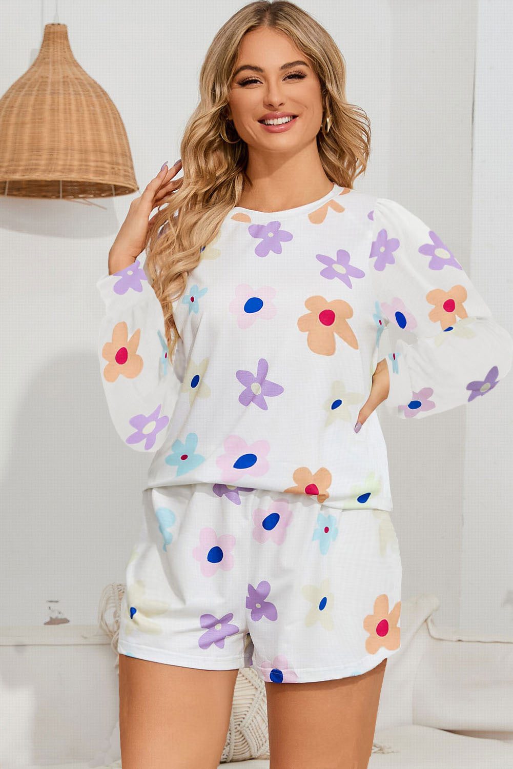White Flower Print Short Sleeve High Waist Two Piece Shorts Set