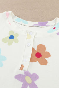 White Flower Print Short Sleeve High Waist Two Piece Shorts Set