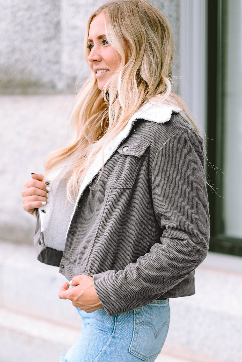 Red Corduroy Sherpa Snap Button Flap Jacket