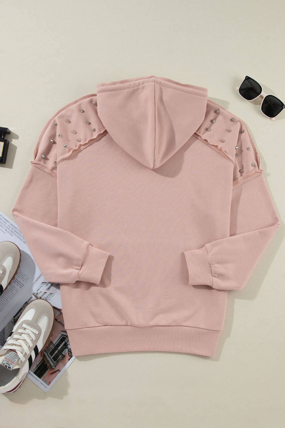 Solid Color Rivet Stud Raglan Sleeve Hoodie with Pocket