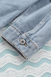 Sky Blue Button Closure Ripped Hooded Denim Jacket