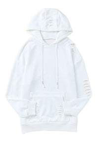 Solid Ripped Hooded Sweatshirt with Kangaroo Pocket