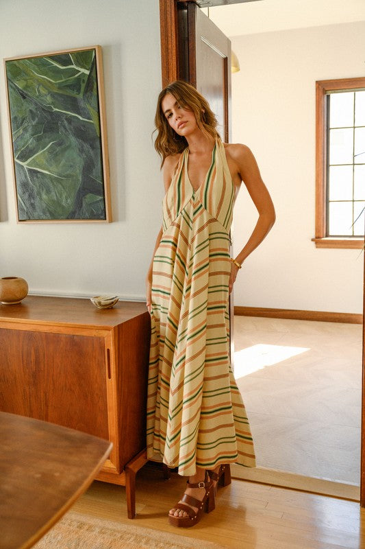 MULTI COLOR STRIPE PATTERN CROSS NECK DRESS