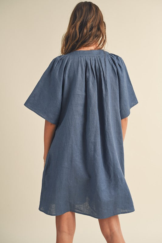 V-NECK DETAIL PLEATED DETAIL SLEEVE LINEN DRESS