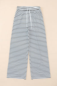 White Drawstring Striped Wide Leg Pants