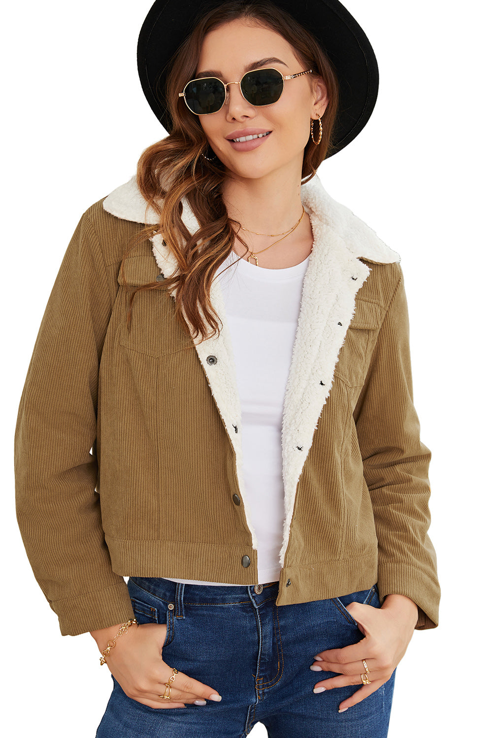 Red Corduroy Sherpa Snap Button Flap Jacket
