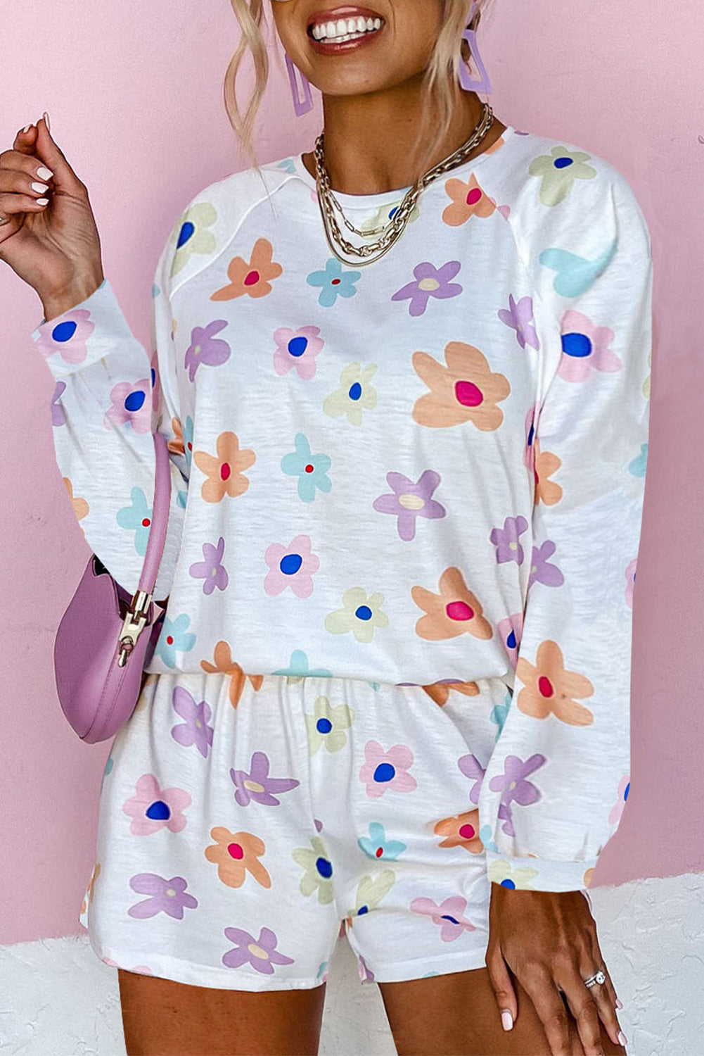 White Flower Print Short Sleeve High Waist Two Piece Shorts Set
