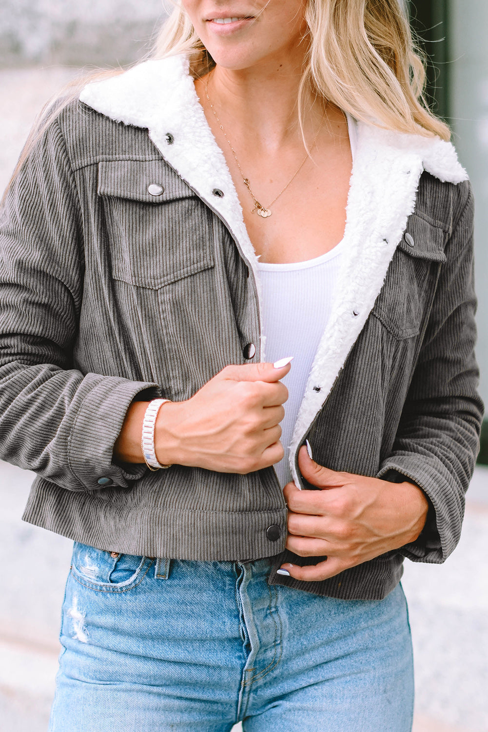 Red Corduroy Sherpa Snap Button Flap Jacket