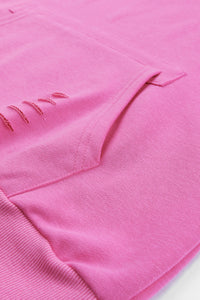 Solid Ripped Hooded Sweatshirt with Kangaroo Pocket