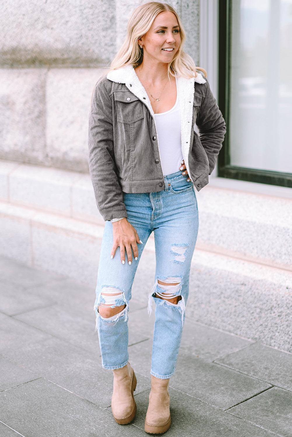 Red Corduroy Sherpa Snap Button Flap Jacket