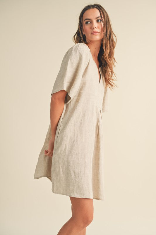 V-NECK DETAIL PLEATED DETAIL SLEEVE LINEN DRESS