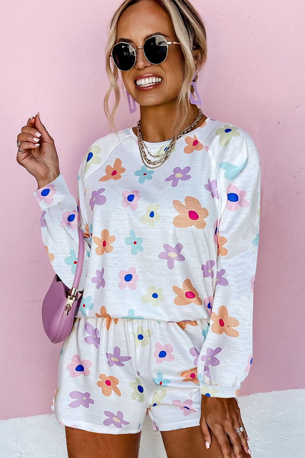 White Flower Print Short Sleeve High Waist Two Piece Shorts Set