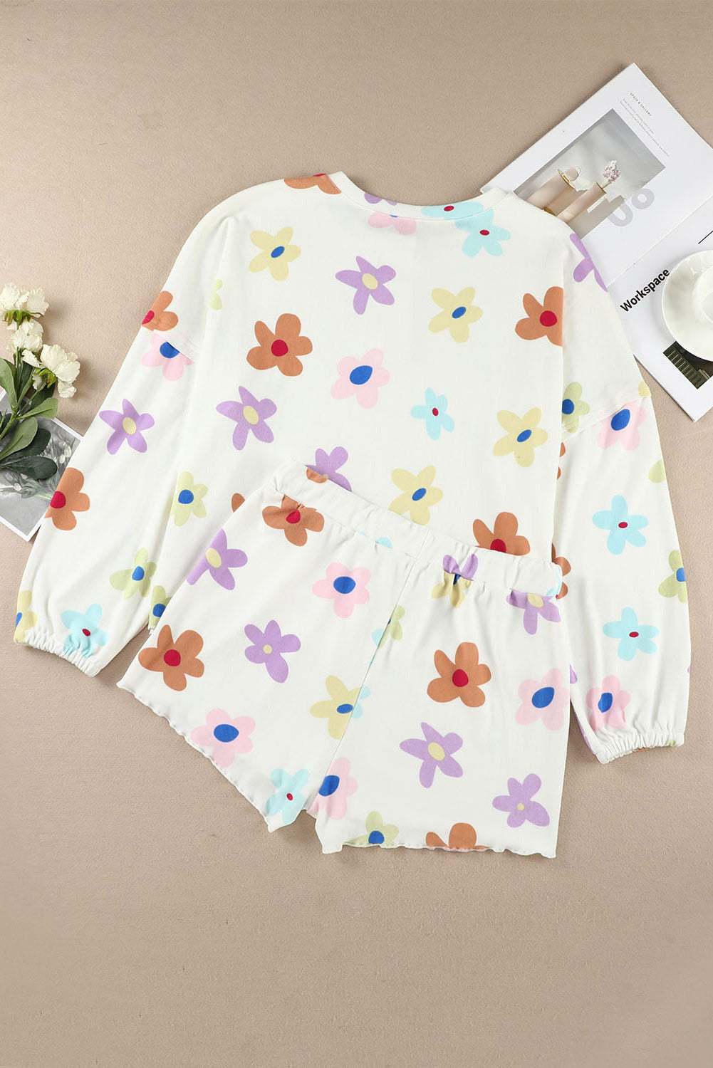 White Flower Print Short Sleeve High Waist Two Piece Shorts Set