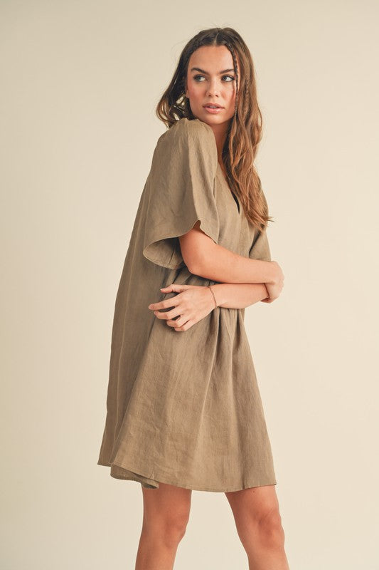 V-NECK DETAIL PLEATED DETAIL SLEEVE LINEN DRESS