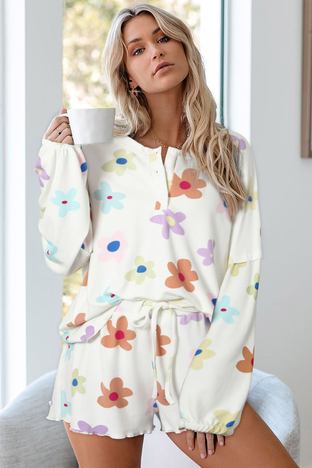 White Flower Print Short Sleeve High Waist Two Piece Shorts Set