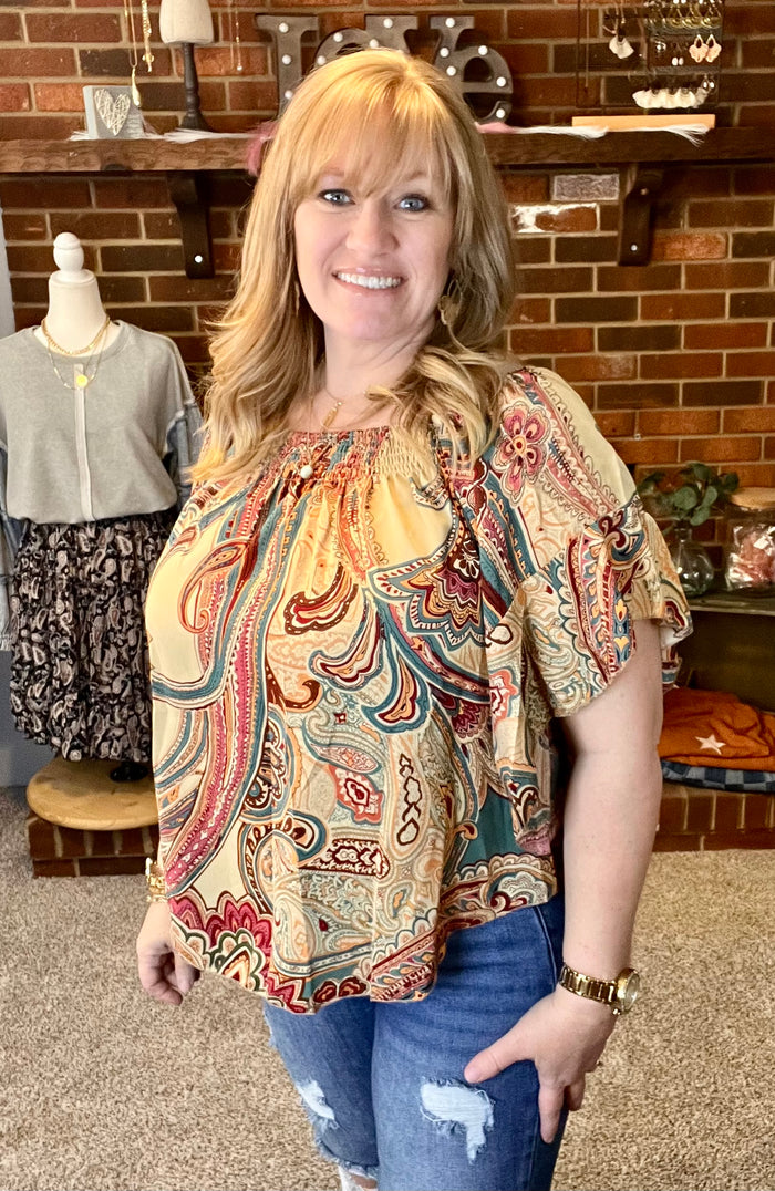 Paisley Printed Shirred Off-Shoulder Ruffled Sleeve Blouse