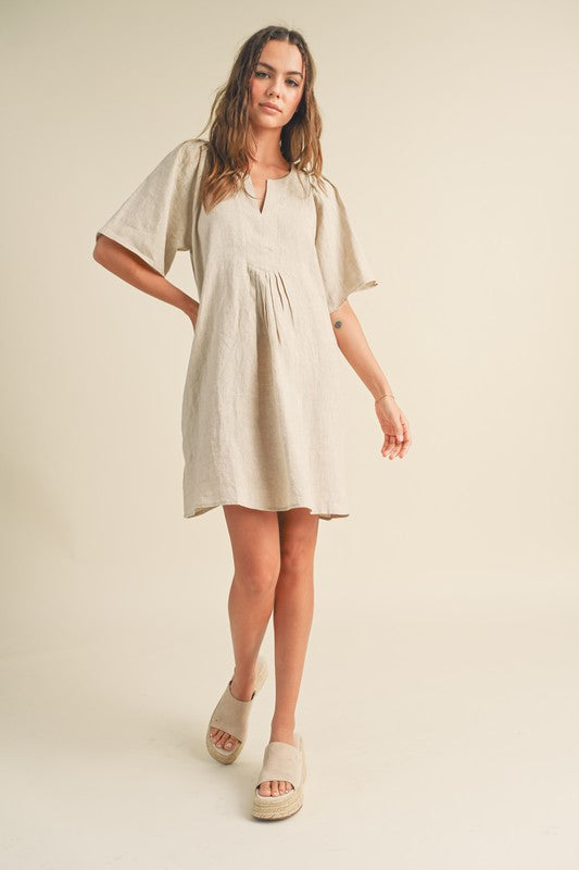 V-NECK DETAIL PLEATED DETAIL SLEEVE LINEN DRESS