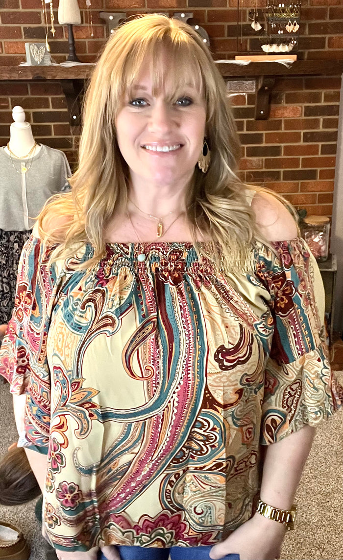 Paisley Printed Shirred Off-Shoulder Ruffled Sleeve Blouse