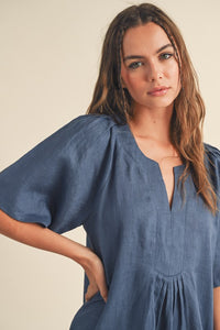 V-NECK DETAIL PLEATED DETAIL SLEEVE LINEN DRESS