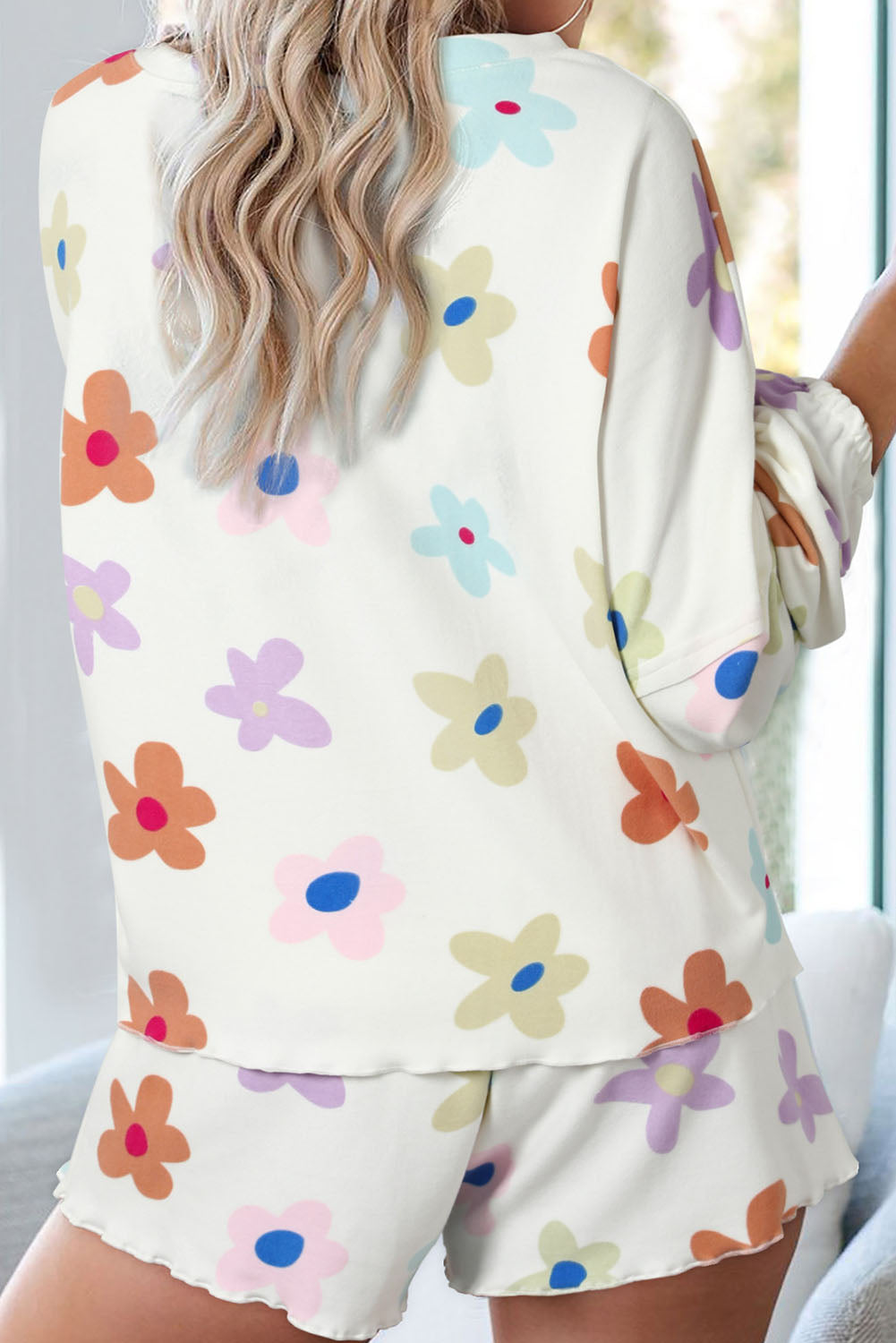 White Flower Print Short Sleeve High Waist Two Piece Shorts Set