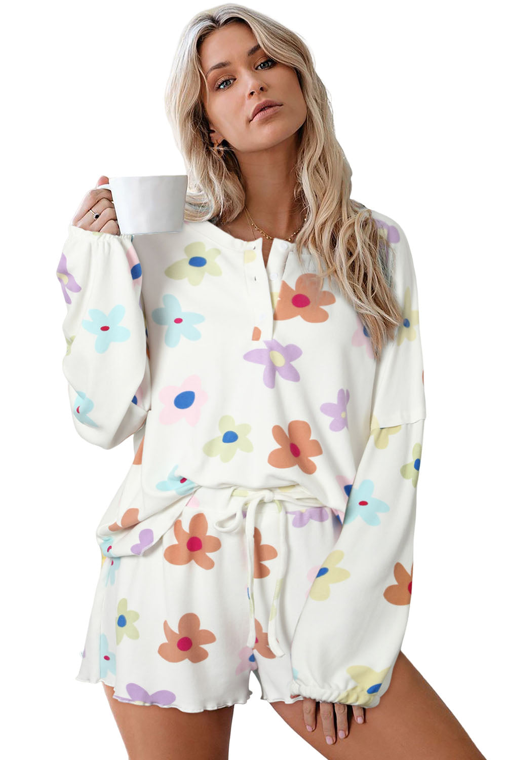 White Flower Print Short Sleeve High Waist Two Piece Shorts Set