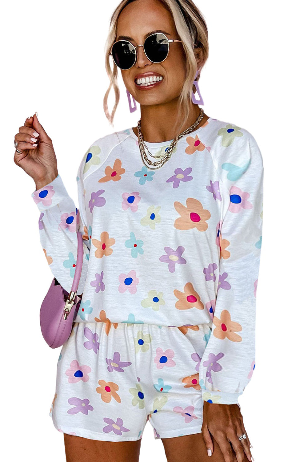 White Flower Print Short Sleeve High Waist Two Piece Shorts Set