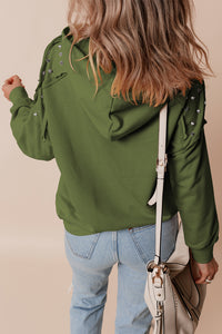 Vineyard Green Solid Color Rivet Stud Raglan Sleeve Hoodie with Pocket