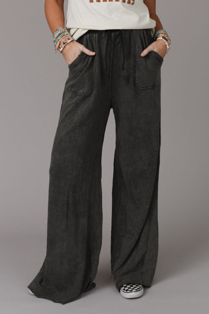 Gray Mineral Washed  Drawstring Retro Wide Leg Pants