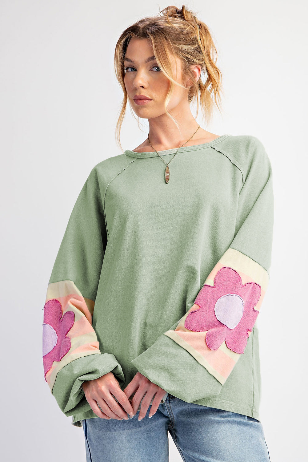 Smoke Green Flower Patchwork Raglan Sleeve Exposed Seam Oversized Top