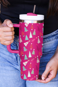 Rose Red Cartoon Christmas Tree Printed Thermos Cup 40oz