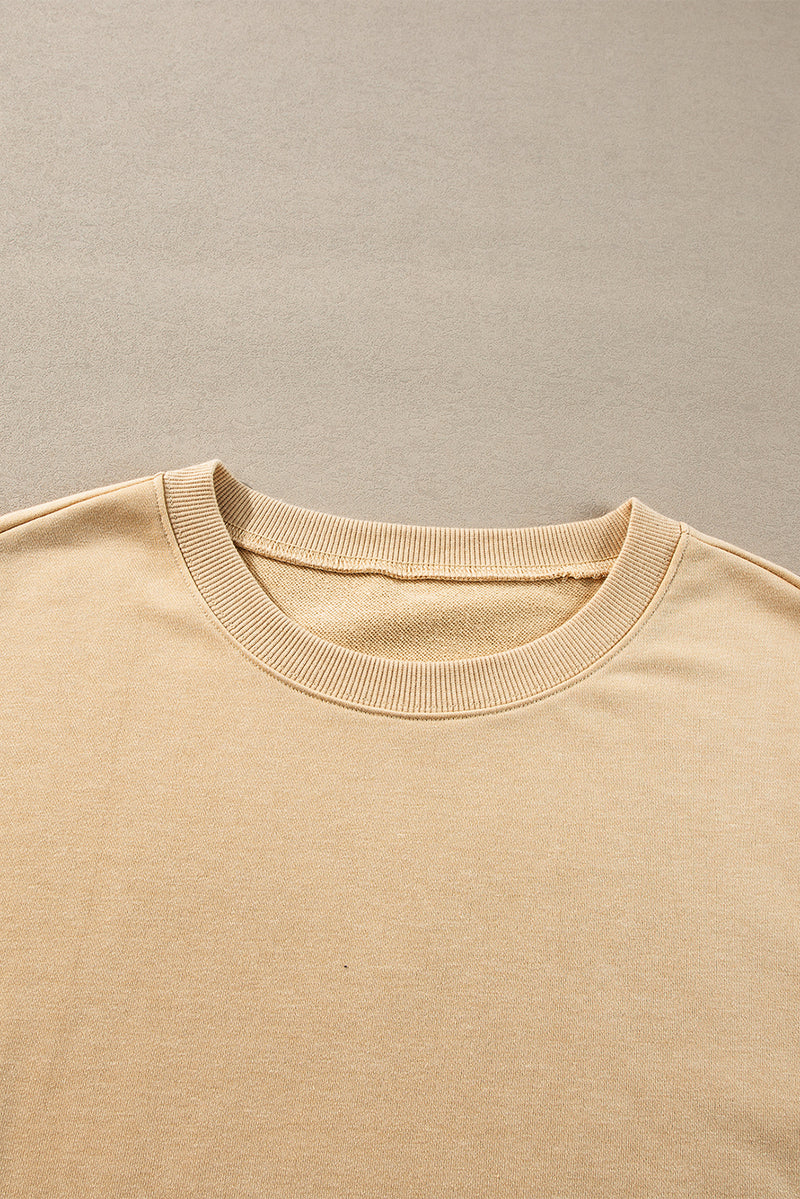 Light French Beige Exposed Seam Drop Shoulder Round Neck Sweatshirt with Slits