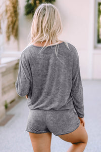 Gray Long Sleeve Top and Drawstring Shorts Lounge Set