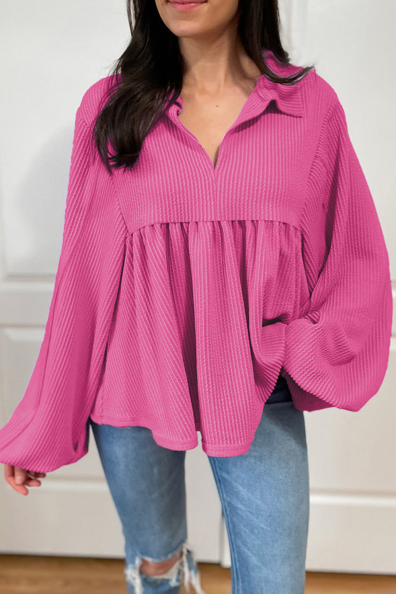 Bright Pink Corded Turn-down V Neck Bubble Sleeve Babydoll Blouse