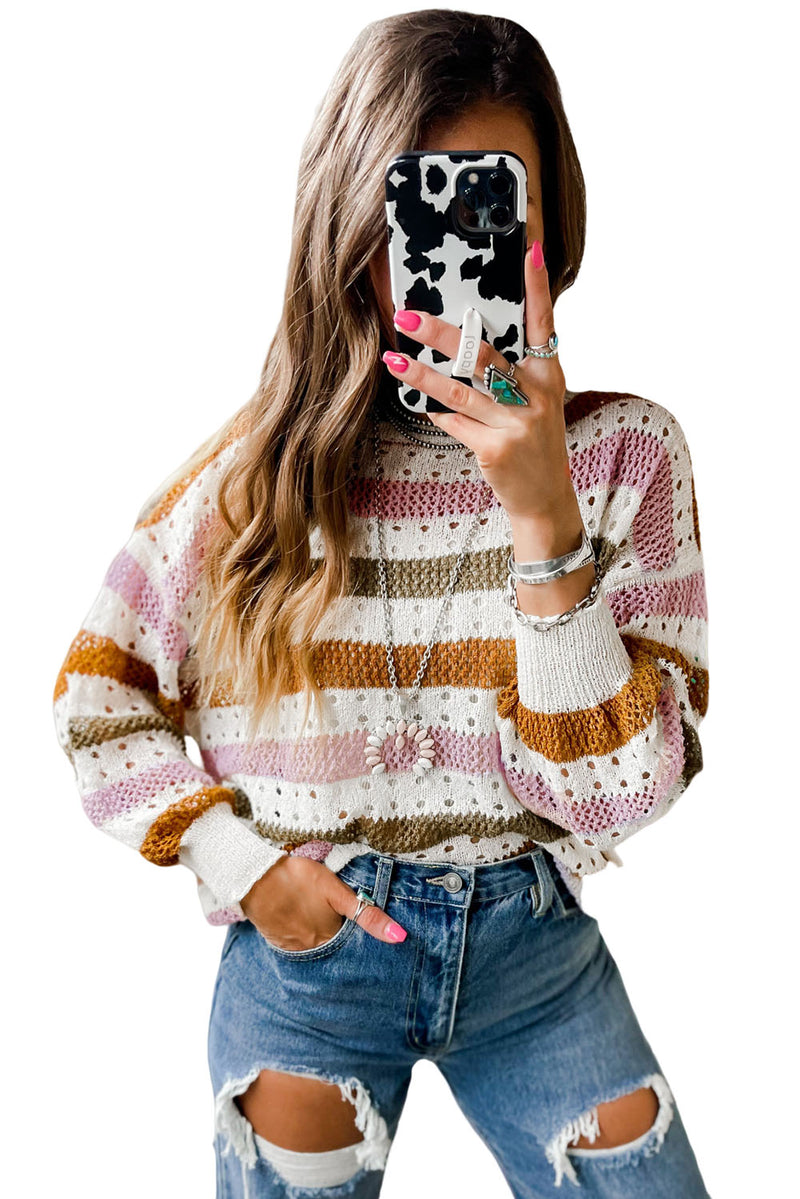 Striped Hollowed Knitted Loose Sweater