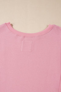 Pink Waffle Knit Bishop Sleeve Split Oversized Sweatshirt