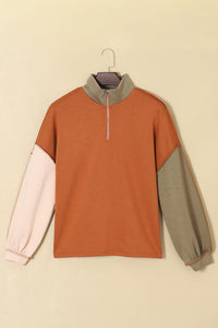 Gold Flame Plus Size Colorblock Exposed Seam Quarter Zip Sweatshirt