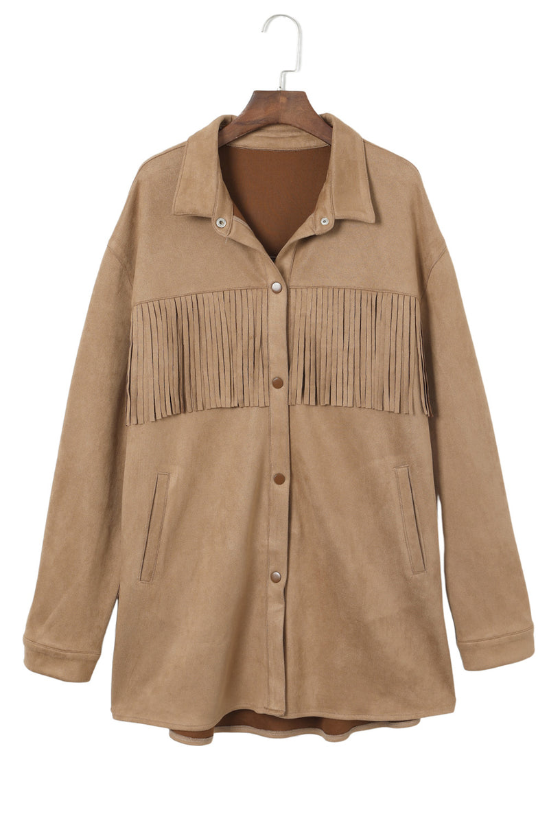 White Fringe Trim Plus Size Suede Shacket