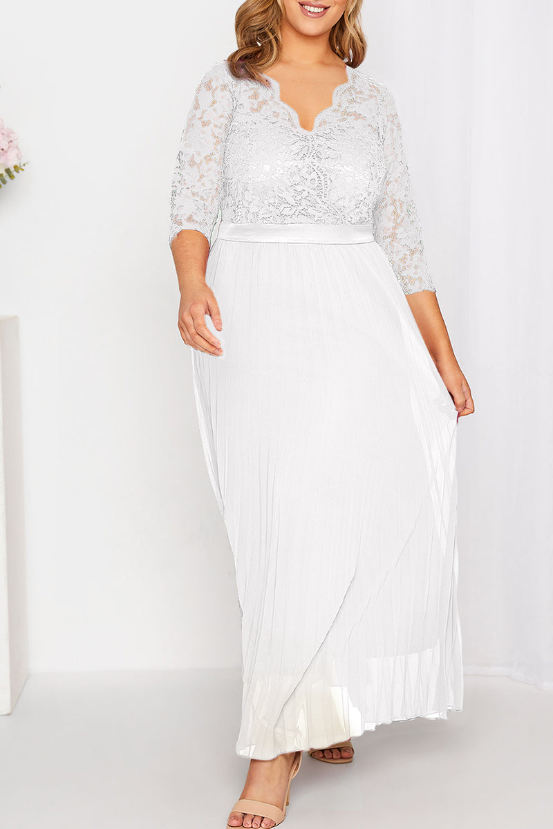 Lace Scalloped V Neck 3/4 Sleeves Pleated Tulle Plus Maxi Dress