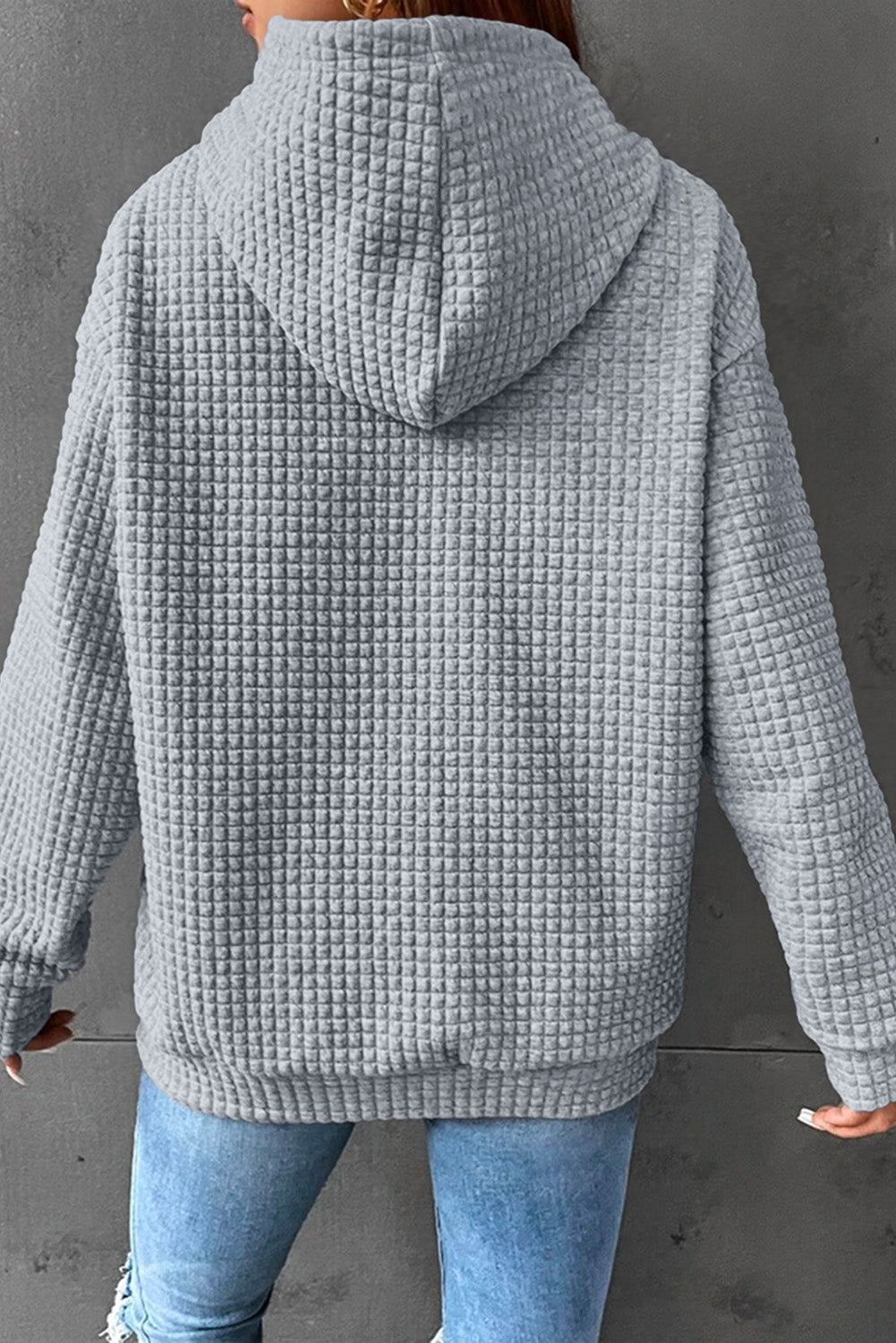 Gray Lattice Textured Kangaroo Pocket Drawstring Hoodie